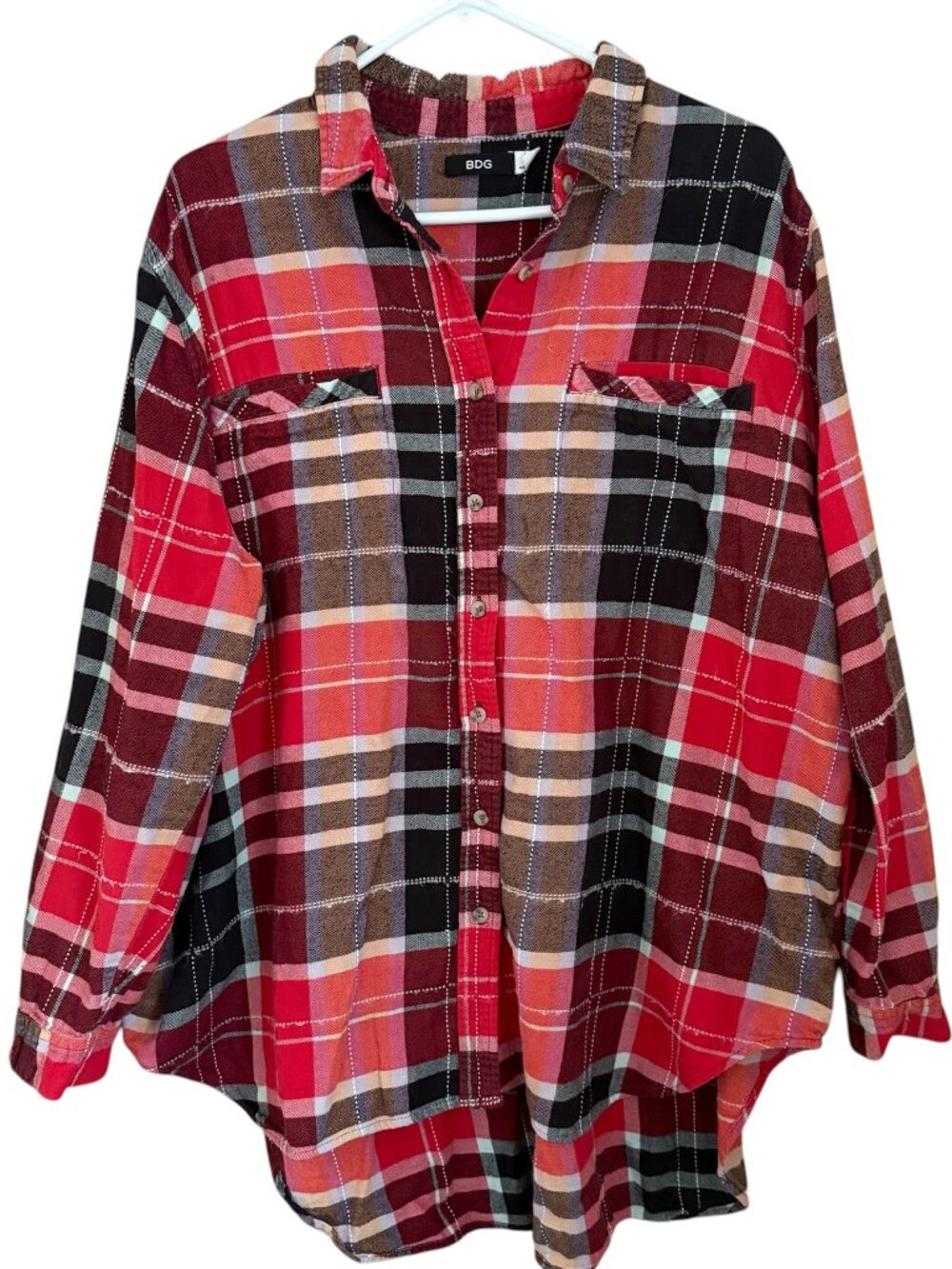BDG Urban Outfitters Button Up Plaid Flannel Boyfriend Top L Oversized High Low‎